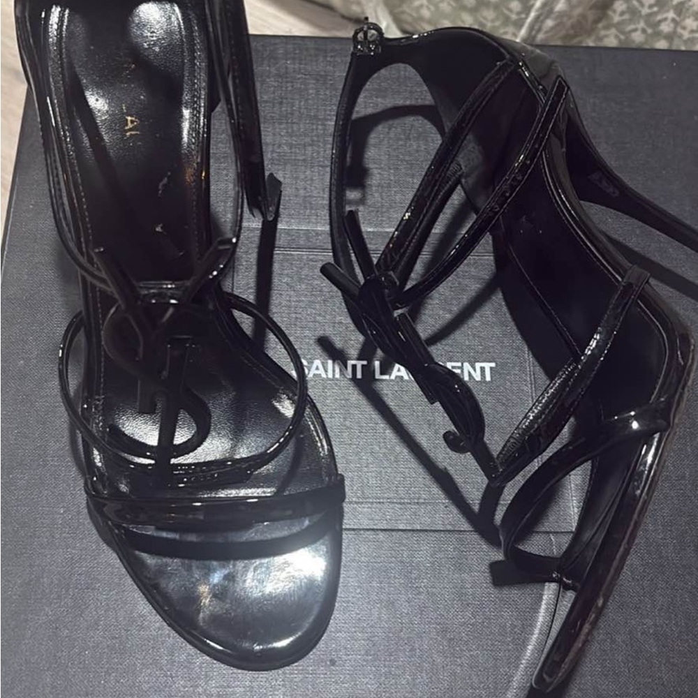 Saint Laurent Black Patent Leather Strappy Heels